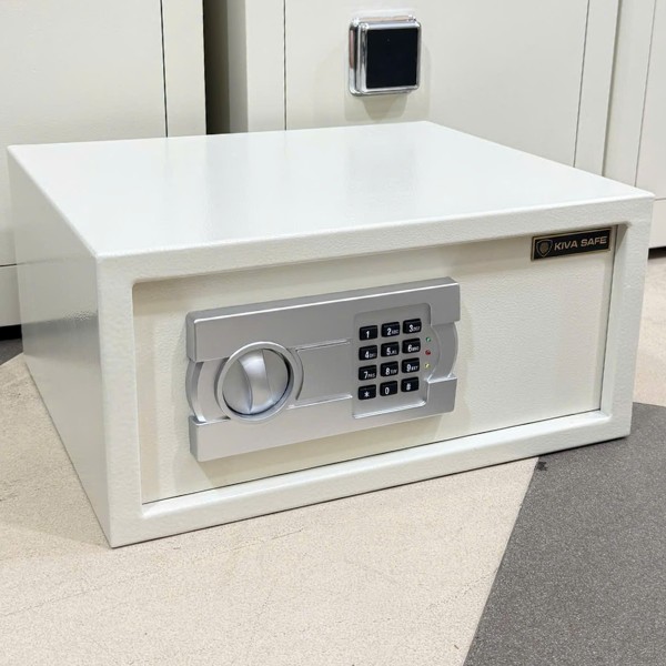 Két sắt mini khách sạn KIVA KV-200NG màu trắng đẹp hiện đại vít vào tủ